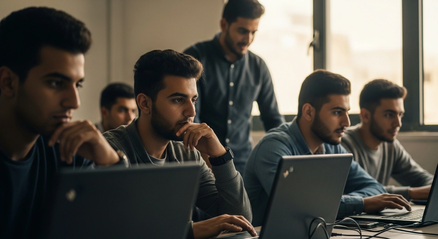 A group of young students in Gaza participate in a digital skills training program provided by the King Salman Humanitarian Aid and Relief Centre to improve their economic prospects.