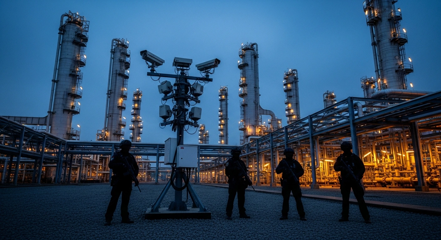 A specialized security unit stands guard at a Russian Gazprom energy facility to protect critical infrastructure from potential drone attacks.