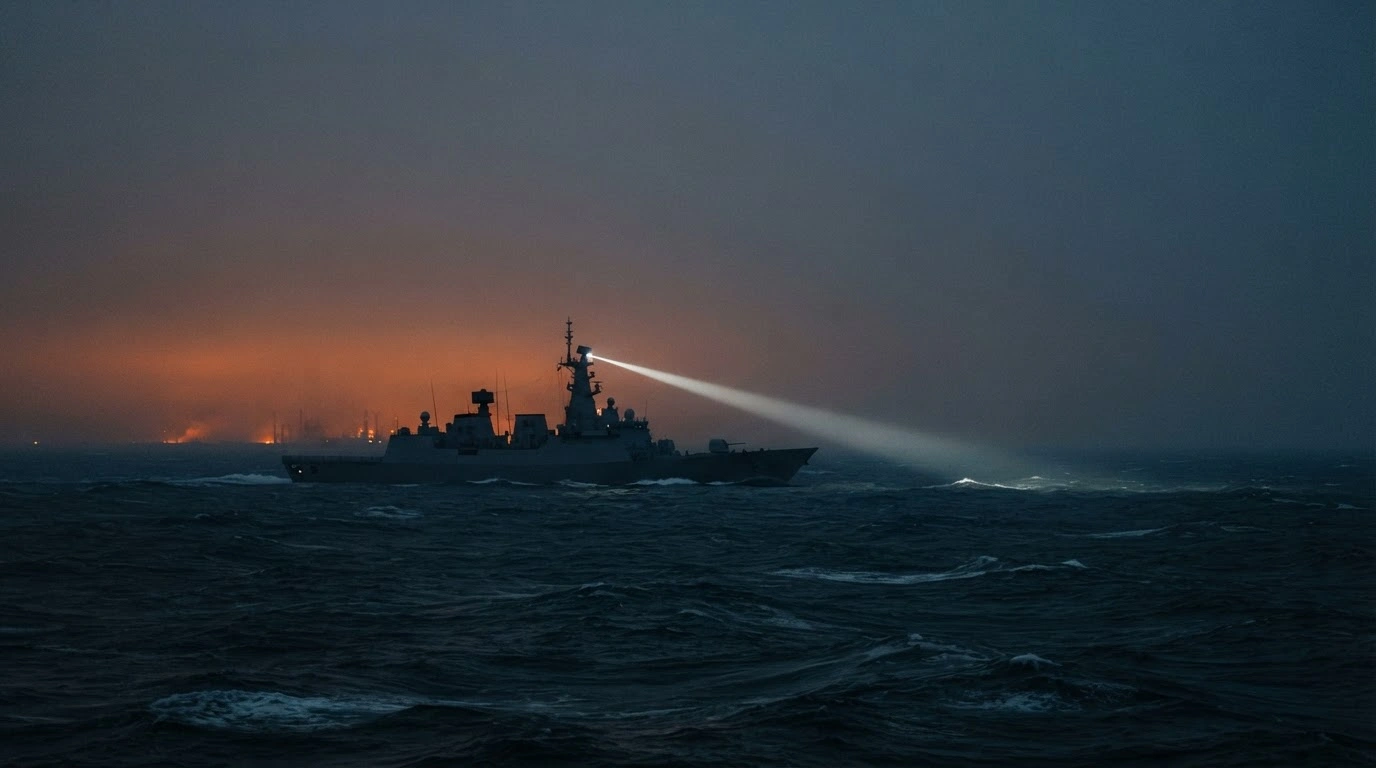 A naval ship patrols the Arabian Gulf at twilight as international officials condemn Houthi attacks on Saudi Arabia.