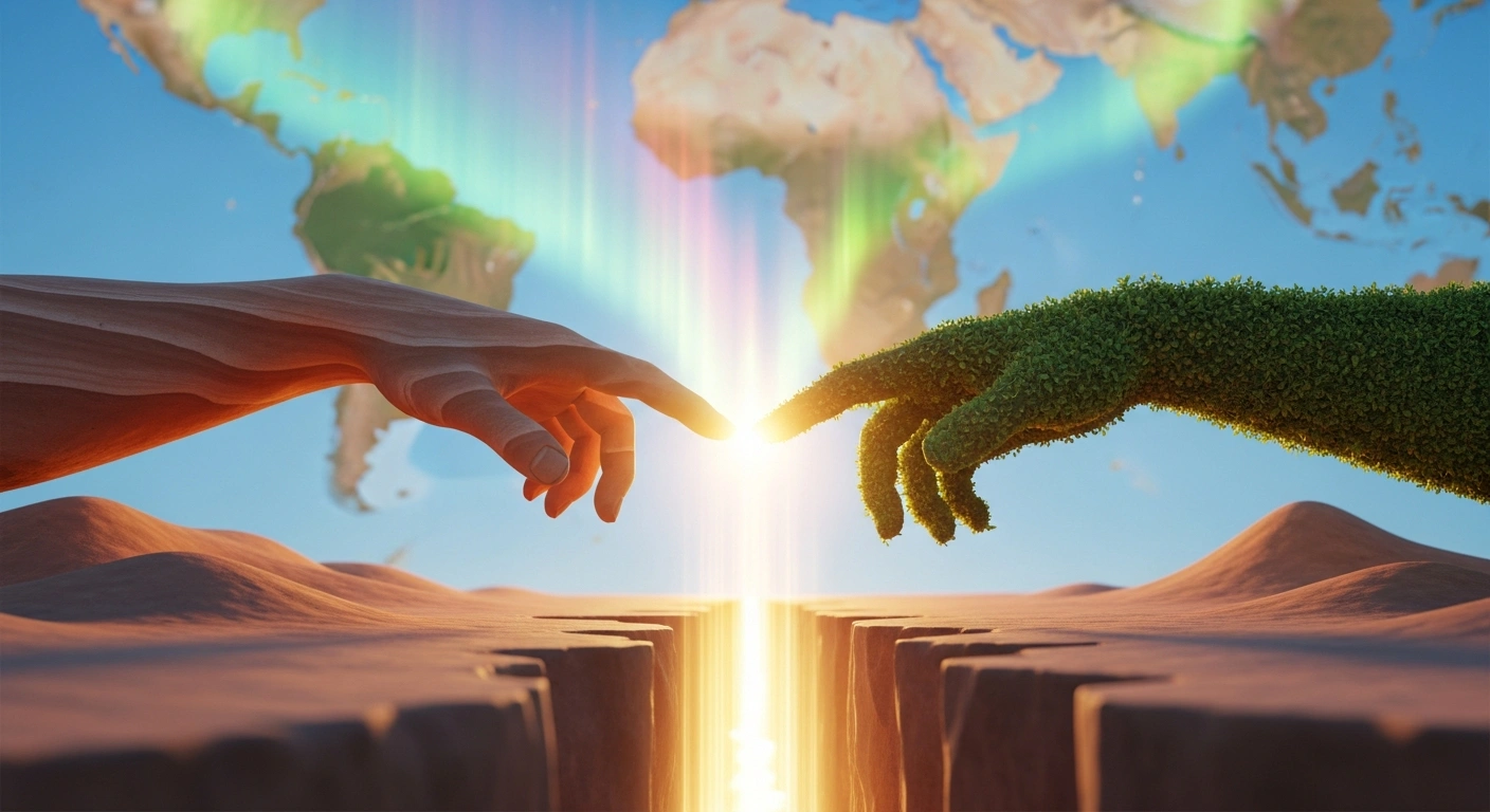 Two monumental, stylized hands, one crafted from desert sandstone and the other from green foliage, meet with a radiant glow above a softly illuminated map of the Global South, symbolizing the strategic partnership between the Global Carbon Council (GCC) and Saudi Arabia's Regional Voluntary Carbon Market Company (VCM) to expand voluntary carbon markets and trade carbon credits.