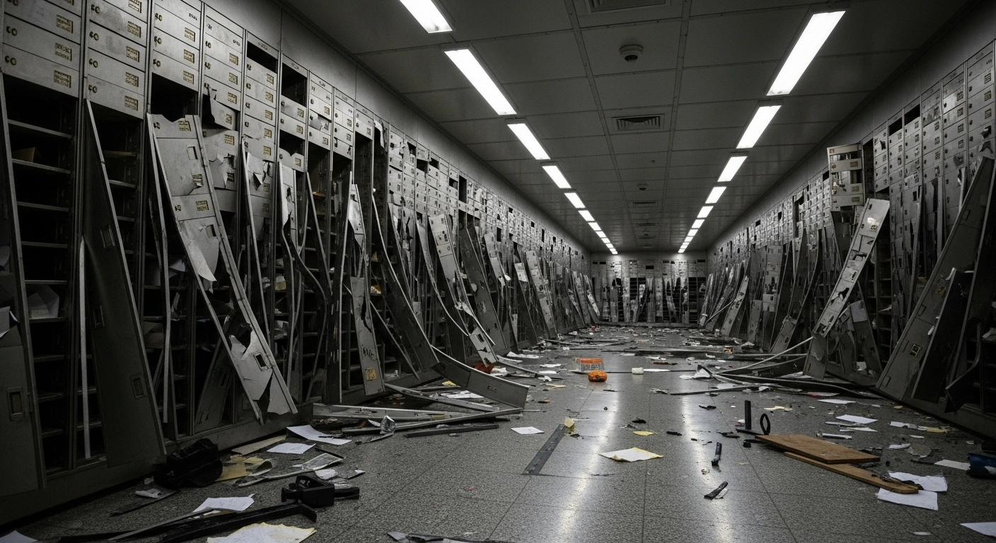 A wide, low-angle shot inside a ransacked bank vault in Gelsenkirchen, Germany, showing thousands of empty and twisted safe deposit boxes, illustrating the aftermath of a sophisticated €30 million heist at a Sparkasse branch that allegedly targeted its predominantly Turkish and Arab clientele.
