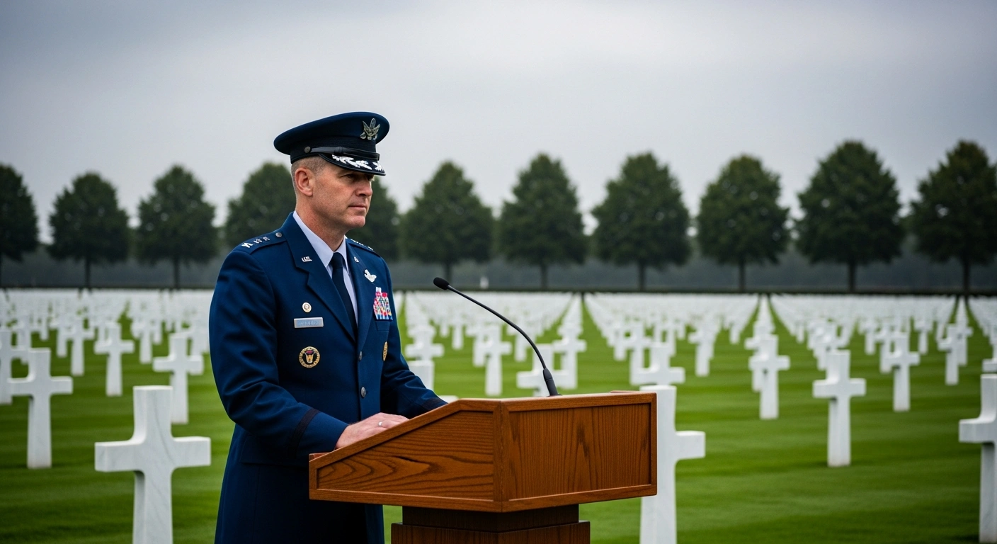 U.S. Air Force General Dagvin Anderson delivers a keynote address at the Netherlands American Cemetery in Margraten to honor fallen service members.