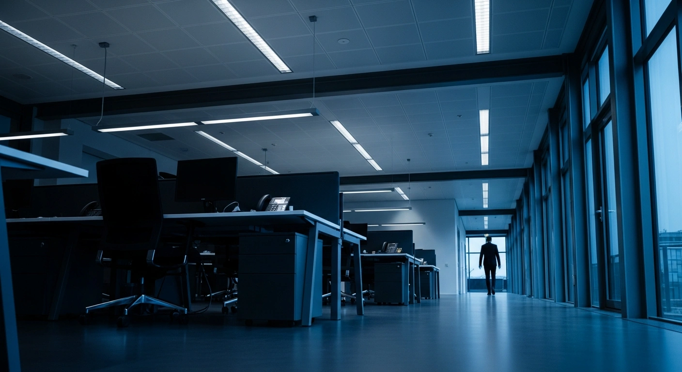 A modern, dimly lit corporate office space in Belgium represents the restructuring and IT workforce reduction at General Motors.