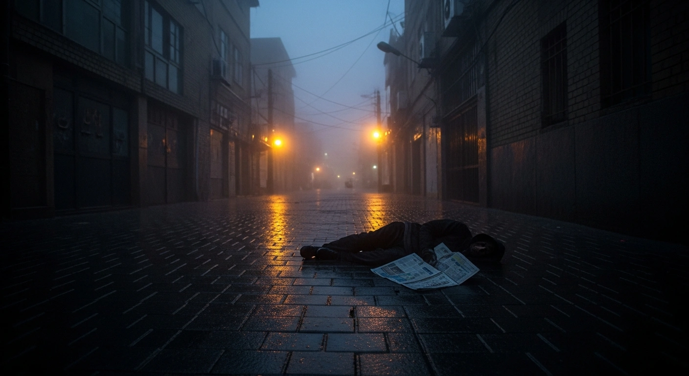 A dimly lit, rain-slicked alleyway in Tehran at dusk, where a solitary, shadowed figure lies motionless on the wet cobblestones, visually representing the assassination of General Ikramuddin Saree.
