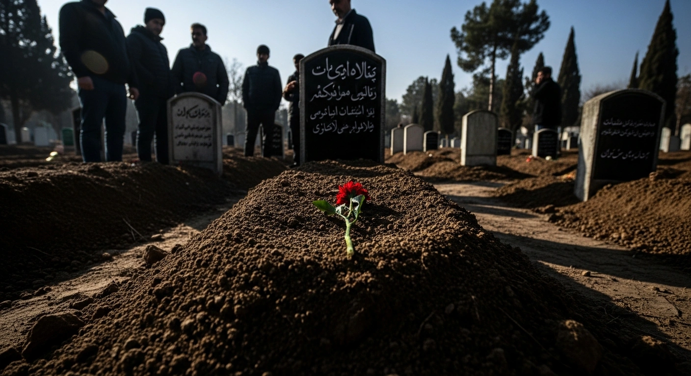 A somber scene in a Tehran cemetery depicts a freshly turned grave under cold, early morning light, with a few grieving figures standing silently in the background, symbolizing the recent burial of General Ikramuddin Saree following his assassination.