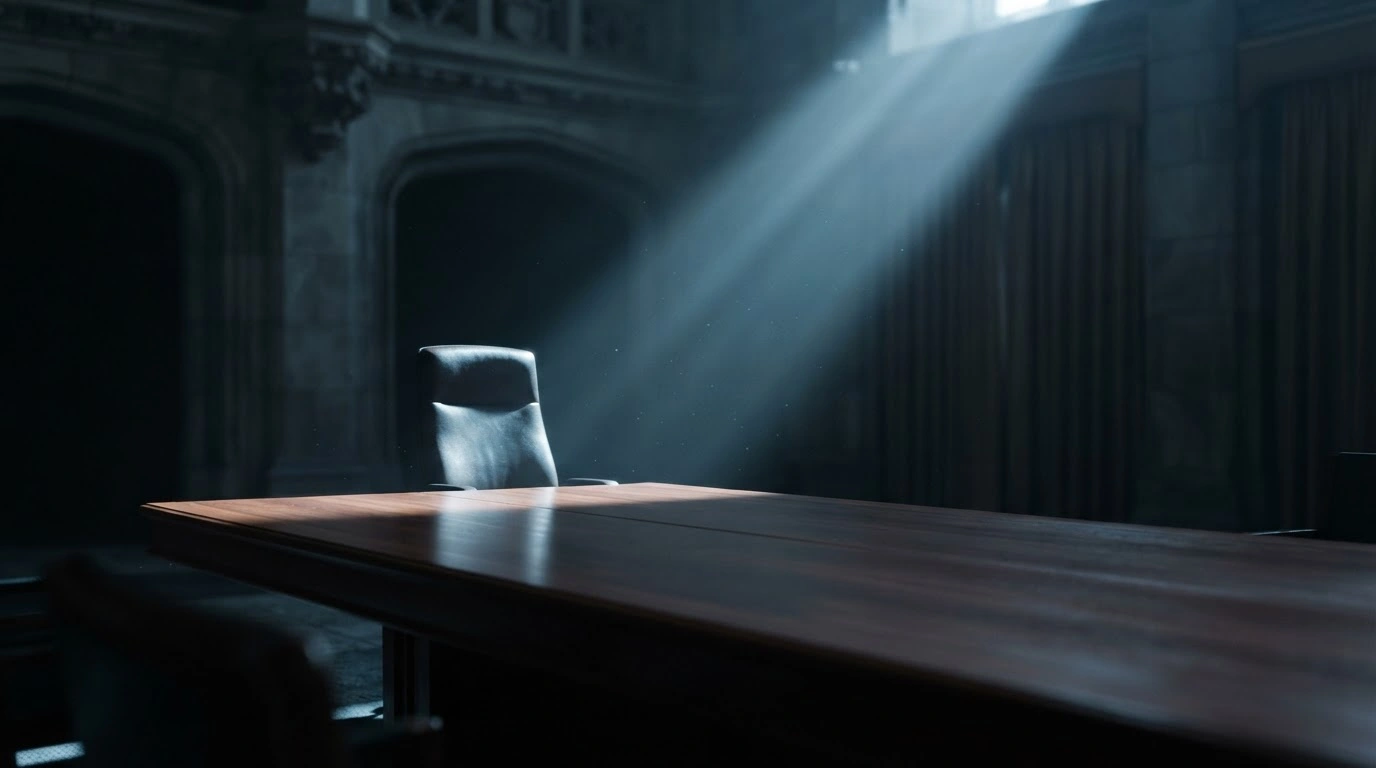 An empty negotiation table in a dimly lit room represents the uncertainty surrounding the future of the Geneva International Discussions regarding Abkhazia and South Ossetia.