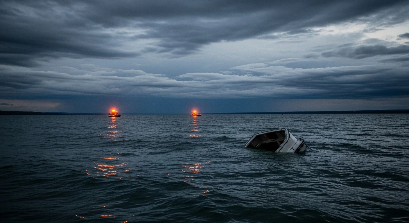 A capsized boat floats on the choppy waters of Geneva Lake in Wisconsin following a severe storm as rescue boats search the area.