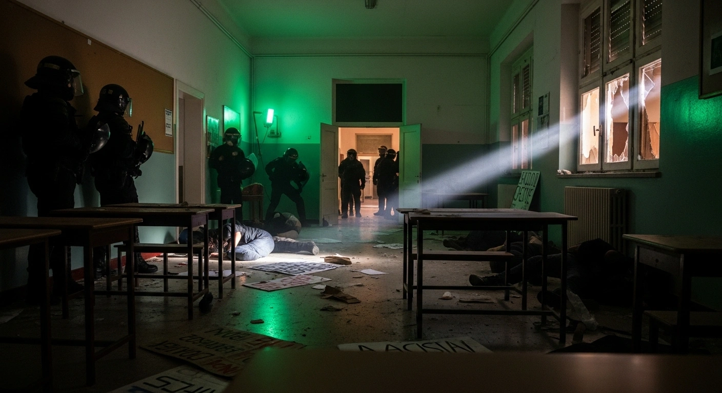 A chaotic scene inside the Armando Diaz School in Genoa, Italy, showing overturned furniture and scattered protest signs under the harsh light of police flashlights, depicting the aftermath of a violent overnight raid by police forces on anti-globalization protesters during the 2001 G8 summit.