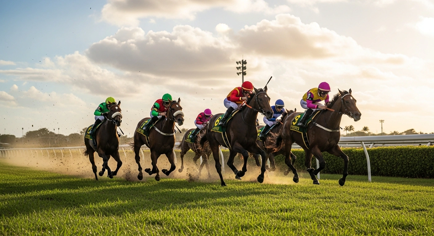 A low-angle, golden-hour photograph captures seven thoroughbred horses mid-race on a vibrant green turf track at the Hippodrome de Carrère in Martinique, competing in the Genybet Stakes for a winner's prize of €4,536.
