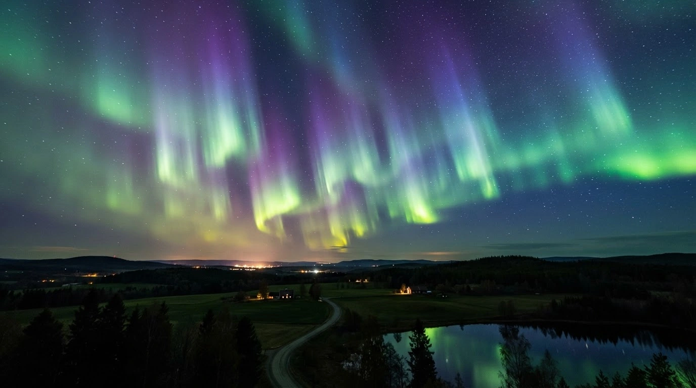 A vibrant aurora borealis illuminates the night sky over a rural landscape during a G3-level geomagnetic storm caused by a coronal mass ejection.