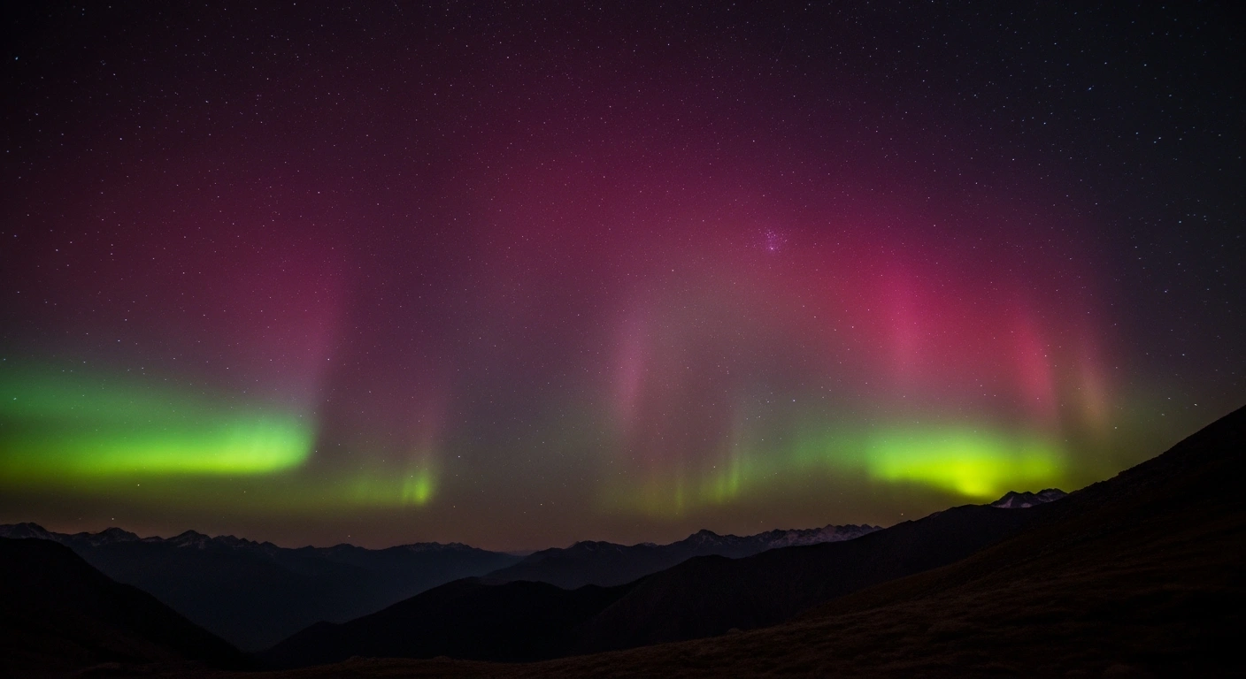 A vibrant aurora borealis illuminates the night sky over the Himalayan mountains during a G3 geomagnetic storm.