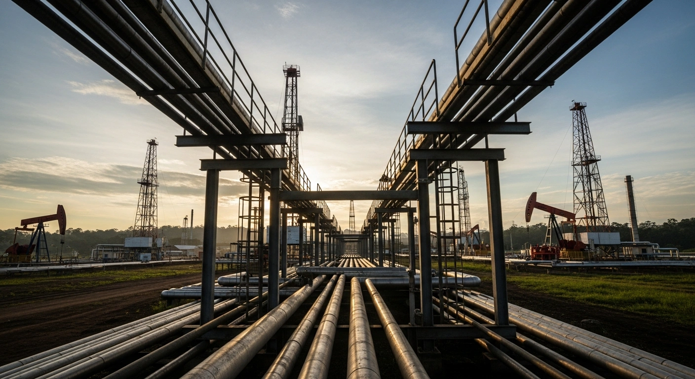 A sweeping, cinematic view of an active oil and gas field in Colombia at sunset, featuring multiple towering derricks and extensive pipeline networks, symbolizing GeoPark Limited's acquisition of Frontera Energy's business and its expanded production capabilities as the largest private oil producer in the region.