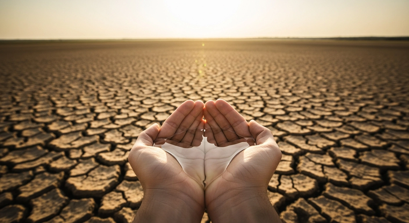 A pair of hands holds a small amount of water over dry, cracked earth to represent water conservation efforts during National Water Week in George Municipality.