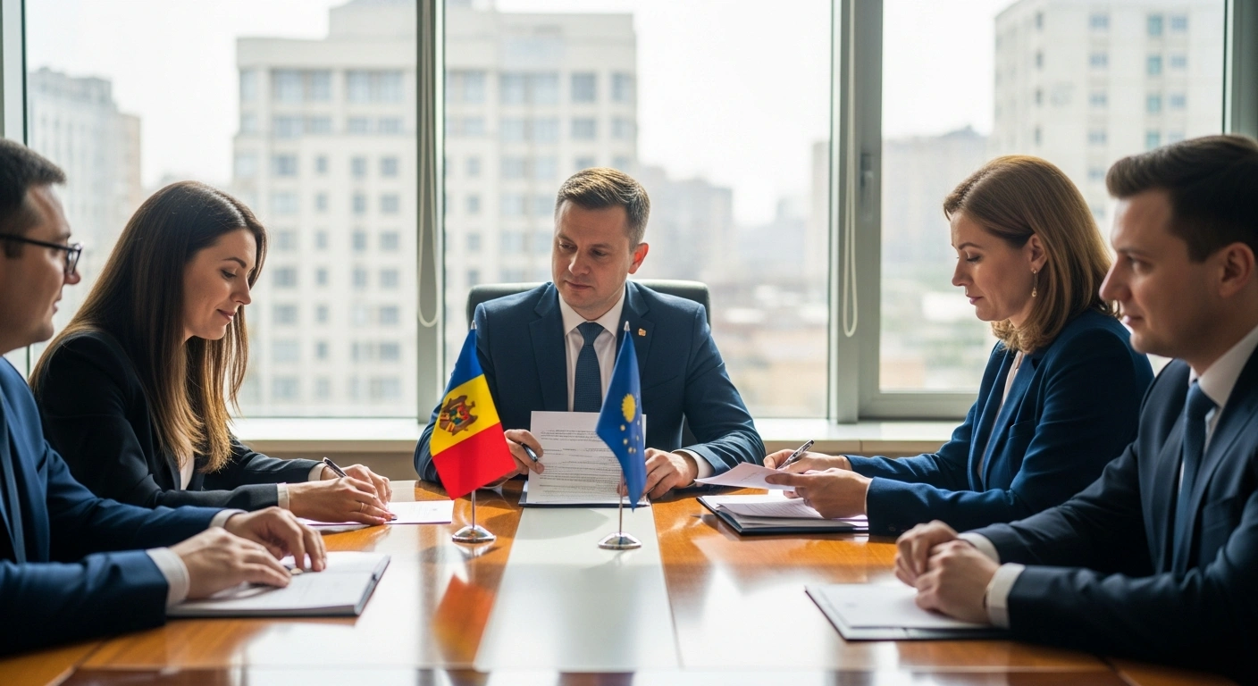 Delegates from Georgia and Moldova meet in a modern office to discuss social protection and pension system reforms.