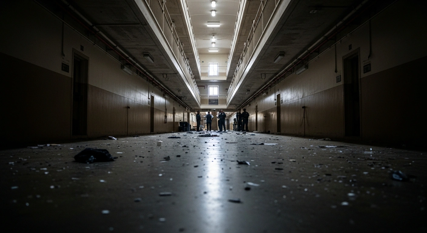 A wide, low-angle view of a stark, concrete prison corridor after a major fight, showing scattered debris and weary guards, reflecting the aftermath of the Washington State Prison incident in Davisboro, Georgia, where inmates died and others were injured.