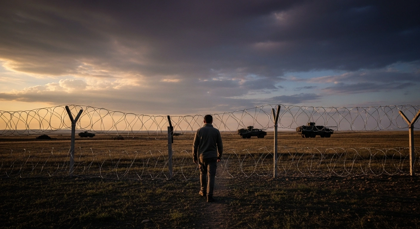 A Georgian citizen, recently released from illegal detention by Russian-controlled occupation forces, walks away from a stark barbed-wire border fence near the Tskhinvali region occupation line under a dramatic, bruised sky.
