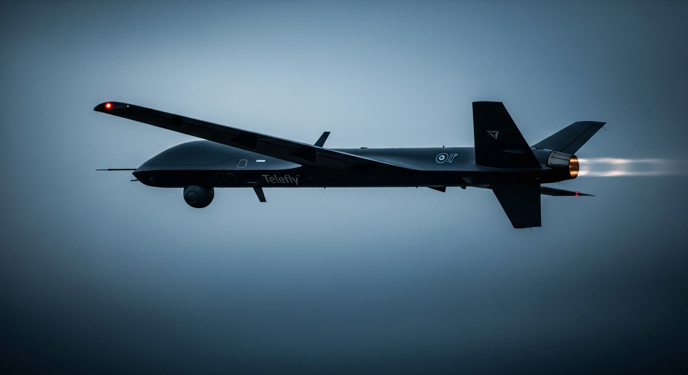 A sleek, dark, jet-powered Geran-5 strike drone, approximately 6 meters long with a Telefly jet engine and a 90 kg warhead, soars through a twilight sky, representing Russia's new long-range UAV with over 1,000 km range.