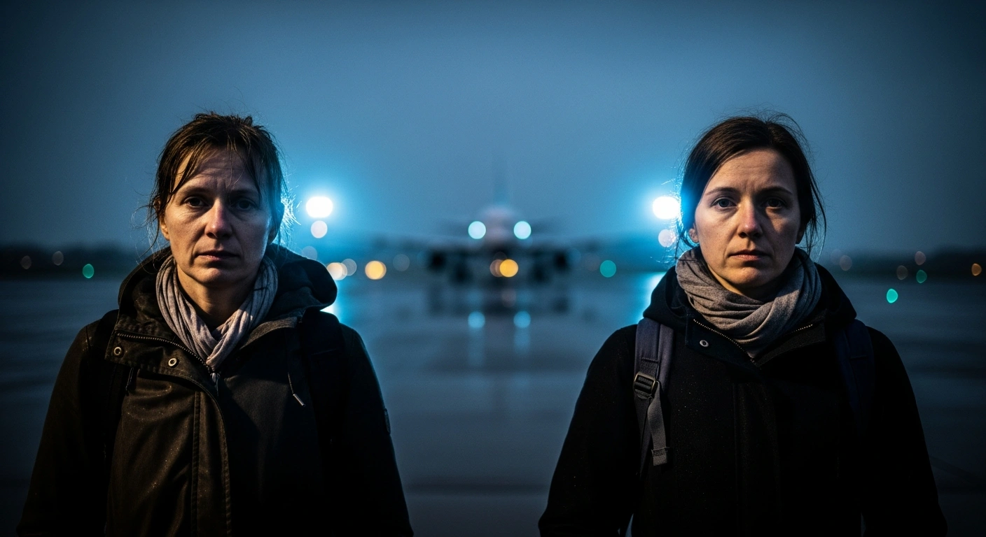 Two German activists who were deported by Israeli authorities stand on a tarmac after returning home from an intercepted humanitarian aid mission to the Gaza Strip.