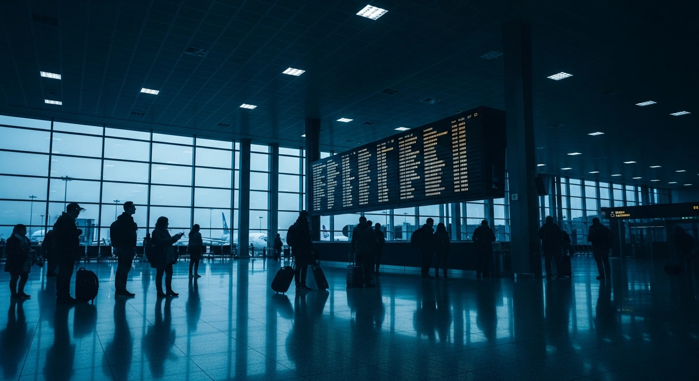 Frustrated passengers wait in a crowded German airport terminal during significant flight delays and cancellations.