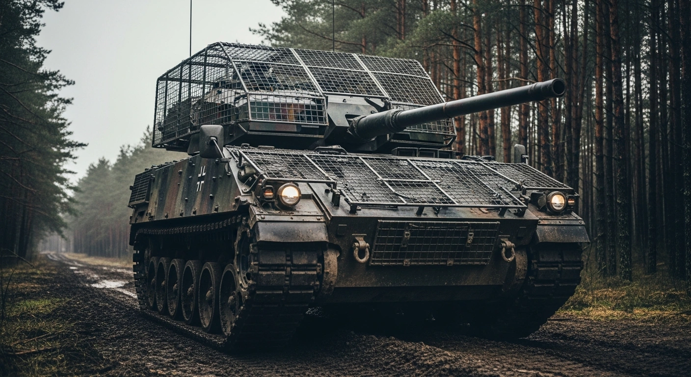 A German armored vehicle equipped with improvised steel mesh counter-drone protection maneuvers through a forest during military exercises in Lithuania.