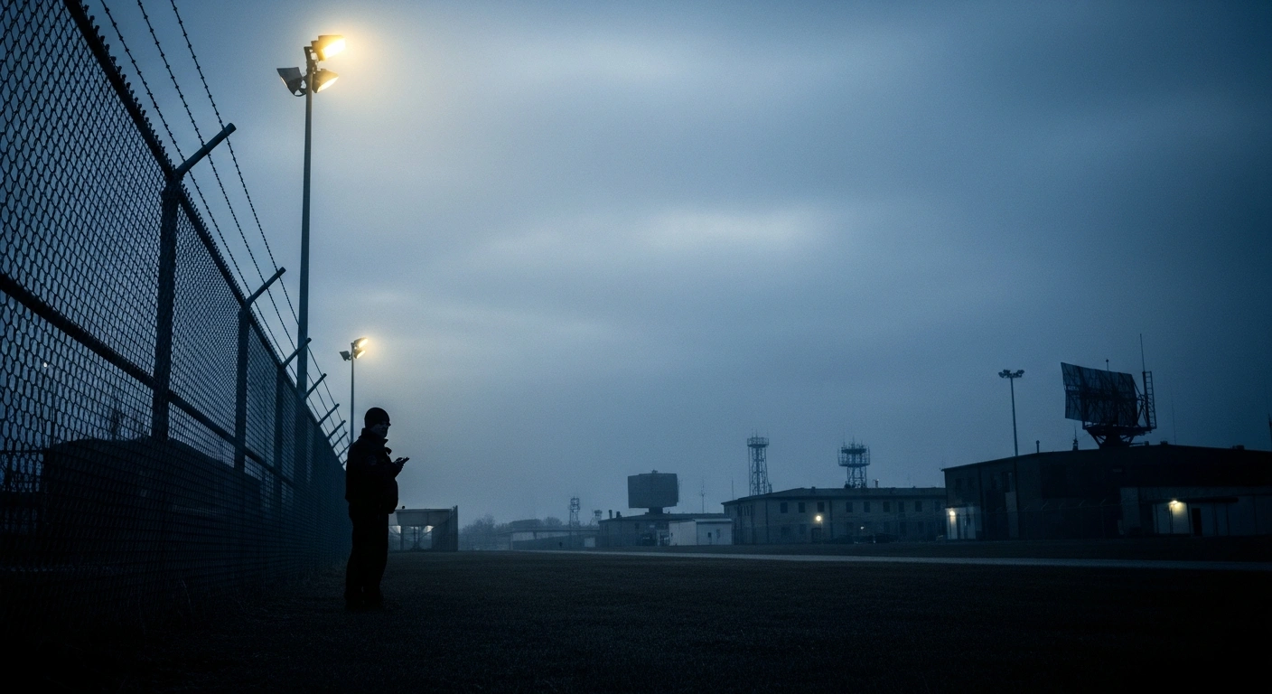 A mysterious figure stands near a high-security fence at a U.S. military base in Germany, representing the arrest of individuals suspected of Russian-backed sabotage.