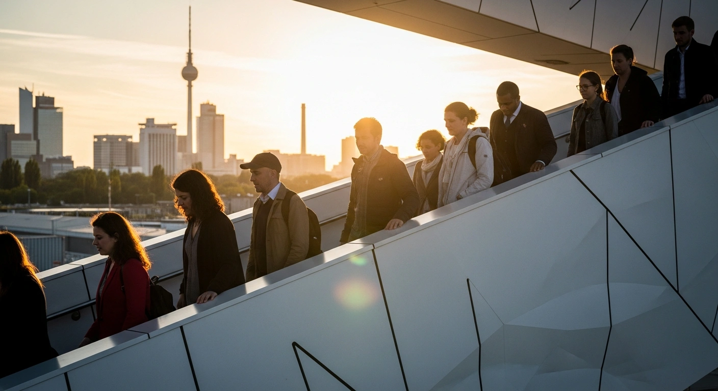 A diverse group of individuals, representing asylum seekers, ascends a modern architectural ramp bathed in warm, golden light, with a blurred German industrial skyline in the background, symbolizing their integration into the labor market under German Interior Minister Alexander Dobrindt's immediate work plan to address skilled worker shortages.