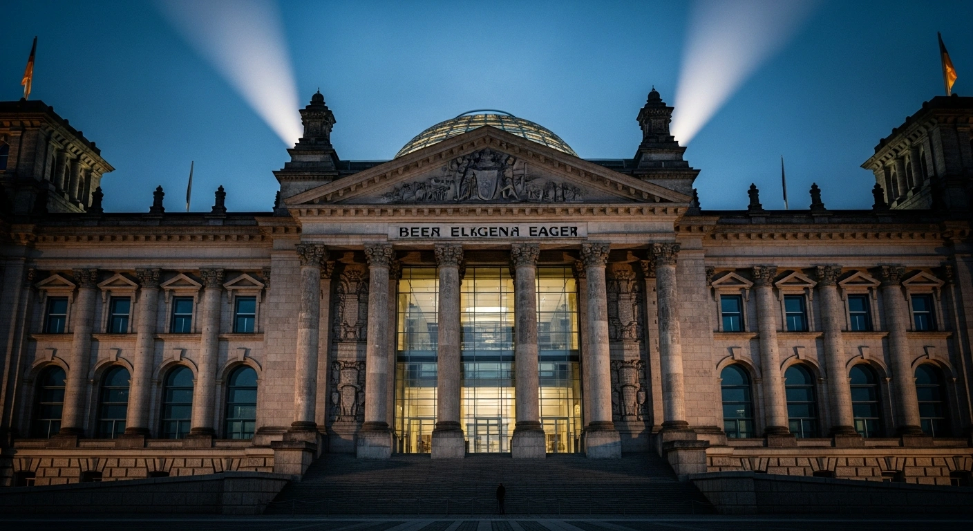 A low-angle, dusk photograph of the German Bundestag building, illuminated by harsh spotlights, symbolizes the approval of new laws tightening asylum regulations, streamlining deportations, and introducing stricter naturalization rules.