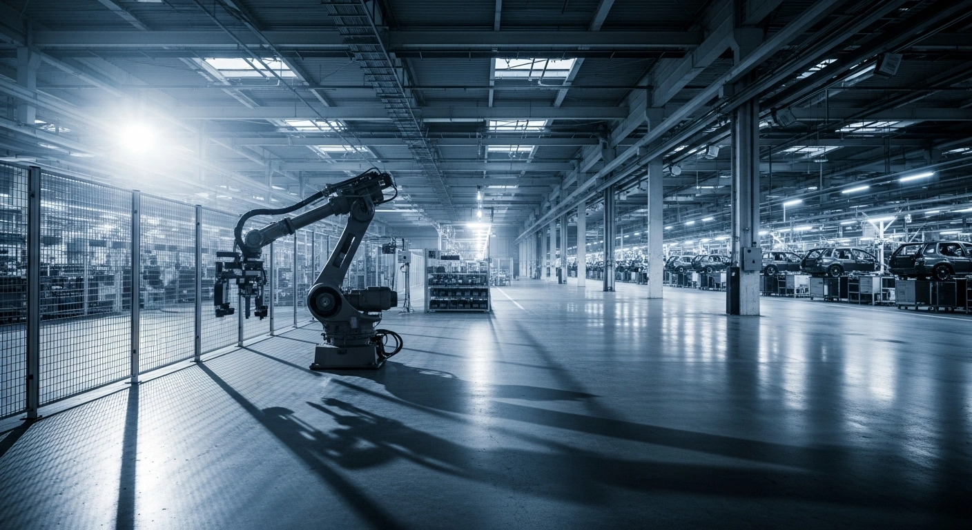An idle robotic arm in a quiet German automotive factory represents the decline in business confidence and reduced domestic investment among German suppliers.