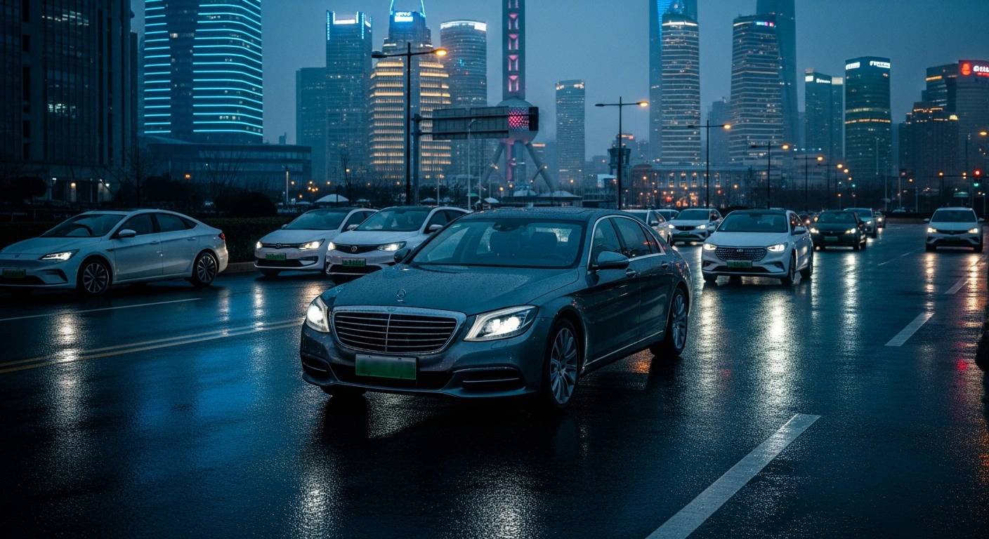 A luxury German sedan sits on a dark, wet city street in China as modern electric vehicles drive past in the background.