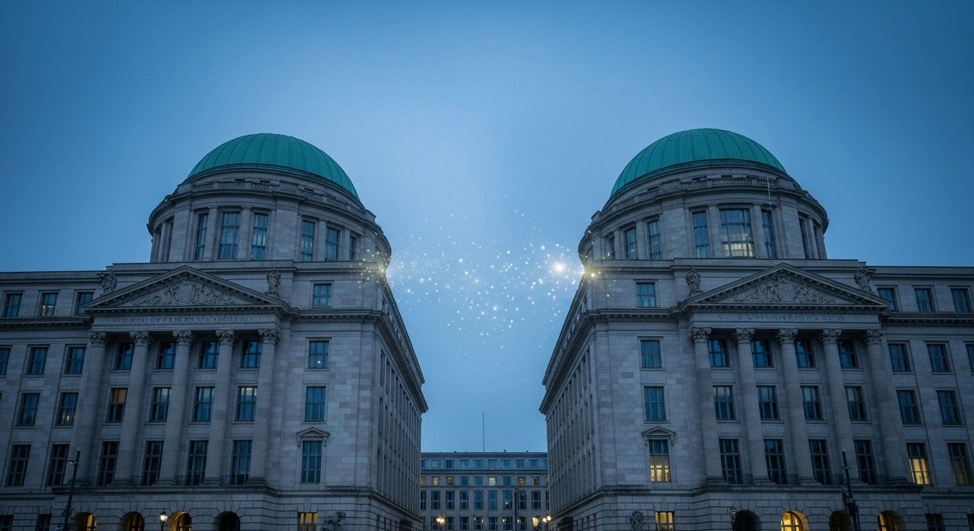 A wide, low-angle shot depicts two grand, neoclassical German bank buildings merging into a single, monolithic structure under a twilight sky, with a subtle, fading shimmer of light drifting away from the merging point, symbolizing the withdrawal of S&P Global Ratings on cooperative banks following consolidation.