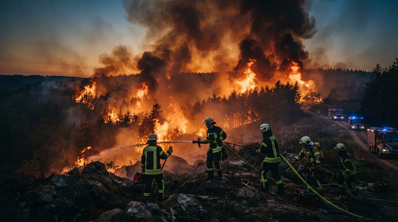 German and Belgian emergency crews work together to extinguish a large wildfire burning in a forest near the border.