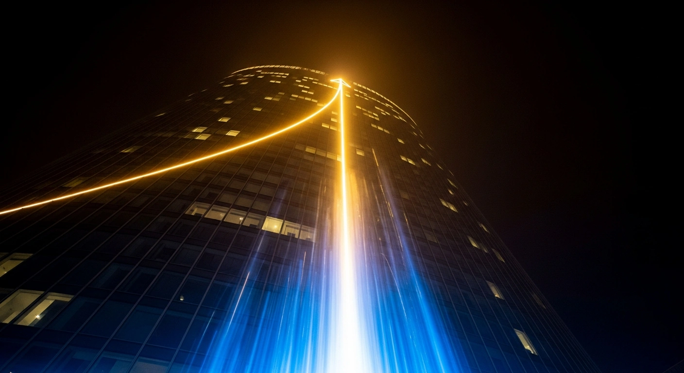 A low-angle view of a colossal, modern architectural structure with sleek surfaces reflecting golden light, featuring an upward-curving illuminated line on its facade and an ethereal glow emanating from below, symbolizing strong investor demand for German bonds.