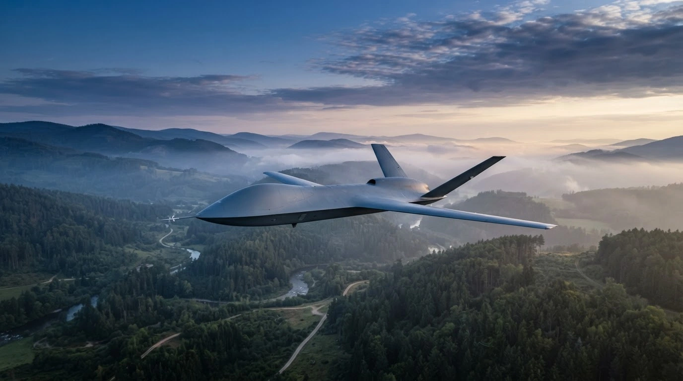 A modern German Bundeswehr unmanned aerial vehicle flies over a forest landscape to demonstrate expanded strike capabilities.