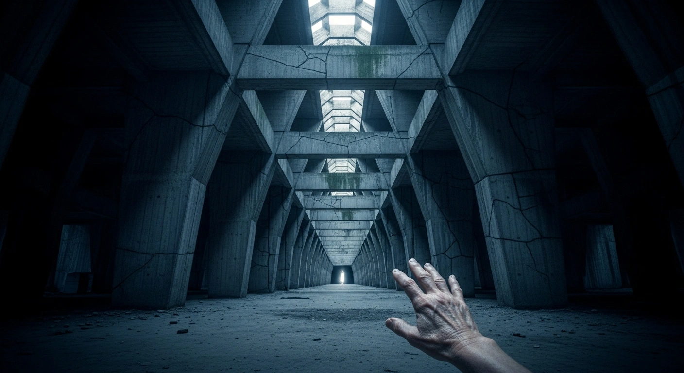 A wide, low-angle shot of a vast, dimly lit concrete corridor with cracked walls, where a frail, elderly hand reaches towards a distant, faint light, symbolizing Germany's long-term care insurance system facing severe financial strain and potential insolvency.