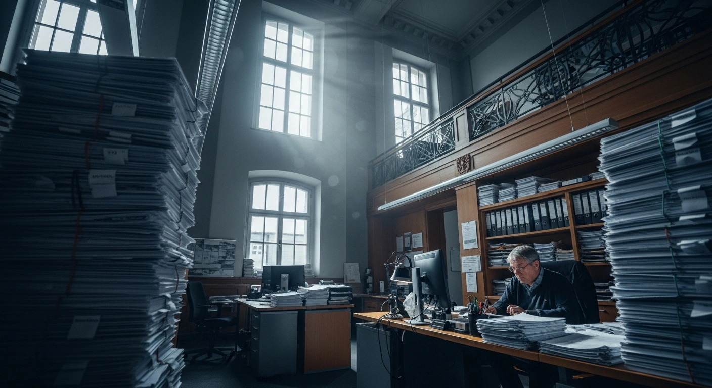 A government official works at a desk surrounded by large stacks of paperwork in a German municipal office as authorities prepare for a surge in citizenship applications from Ukrainian refugees.