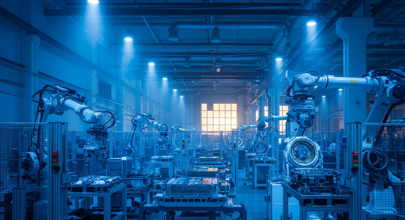 A wide, low-angle shot inside a gleaming German manufacturing facility, illuminated by cool blue light, where robotic arms assemble components for advanced green technologies, symbolizing the €3 billion German State aid scheme approved by the European Commission to boost clean technology manufacturing capacity and accelerate the transition to a net-zero economy.