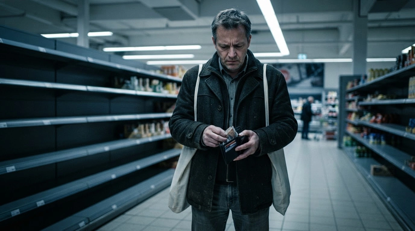 A concerned German shopper stands in a grocery store aisle reflecting the decline in consumer sentiment due to inflation and rising energy costs.