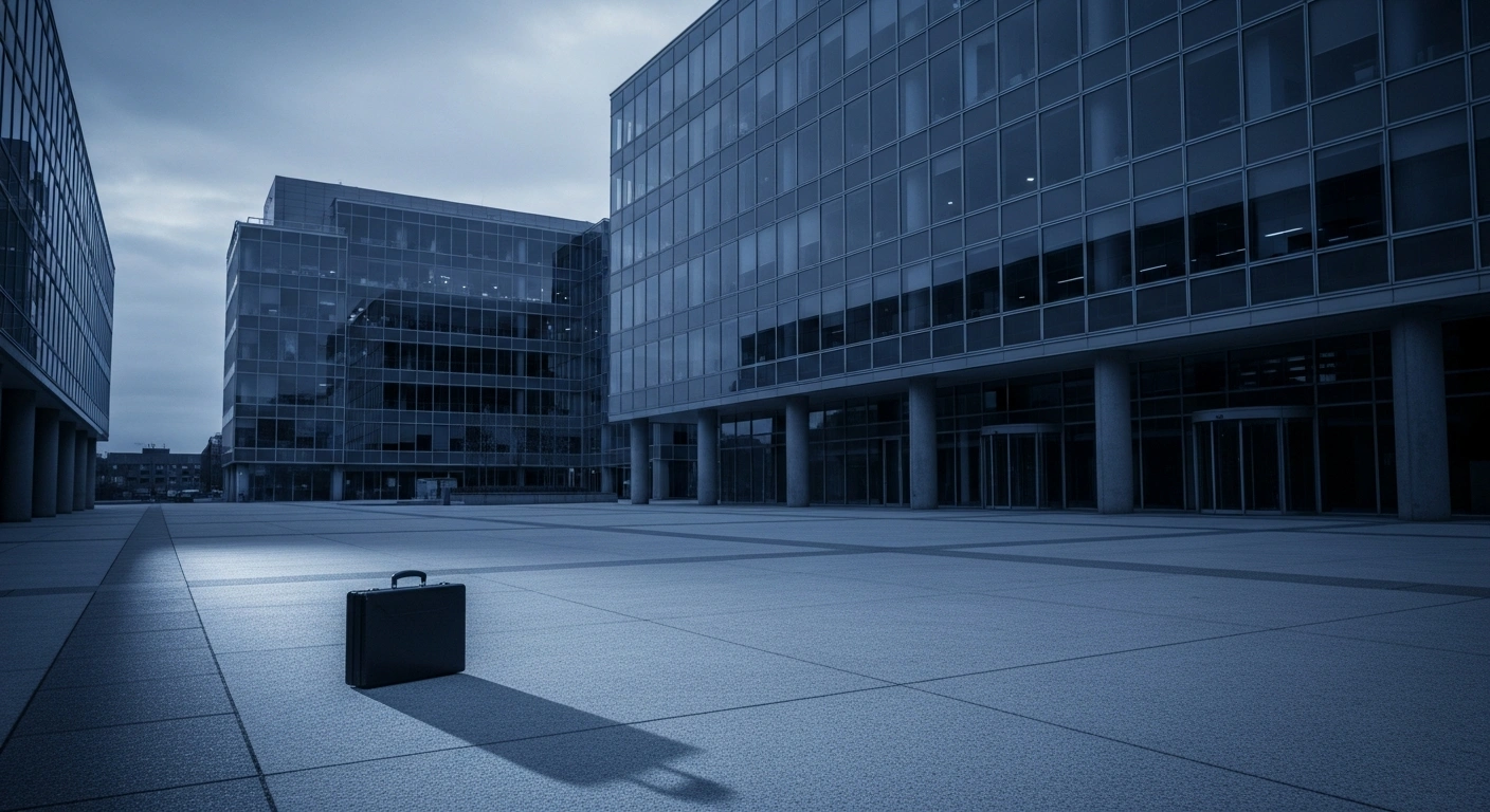 An abandoned briefcase sits in front of a modern office building during a period of record-high corporate insolvency filings in Germany.