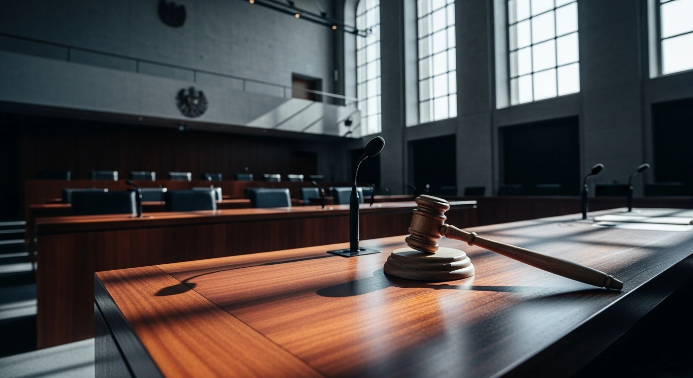 A wooden gavel rests on a bench inside a German courtroom following a court ruling on freedom of expression regarding Israel.