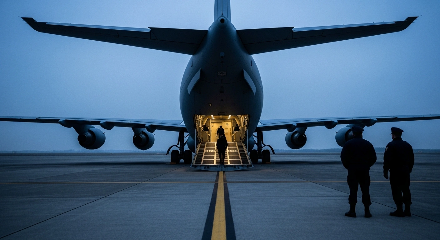 A silhouetted figure, escorted by two uniformed officers, walks towards the open ramp of a government transport plane on a cold, pre-dawn tarmac, depicting the repatriation of Afghan asylum seekers convicted of crimes by German authorities, including a drug trafficker.