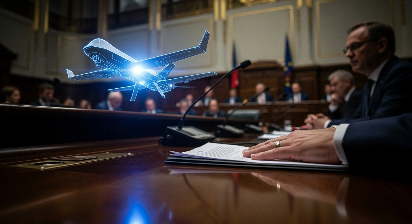 A holographic projection of a futuristic combat drone hovers over a parliamentary table, illuminated by a blue light, with a hand resting on documents in the foreground, symbolizing the German military's proposed combat drone deal involving Stark Defence and Helsing, under parliamentary review, and concerns over investor influence.