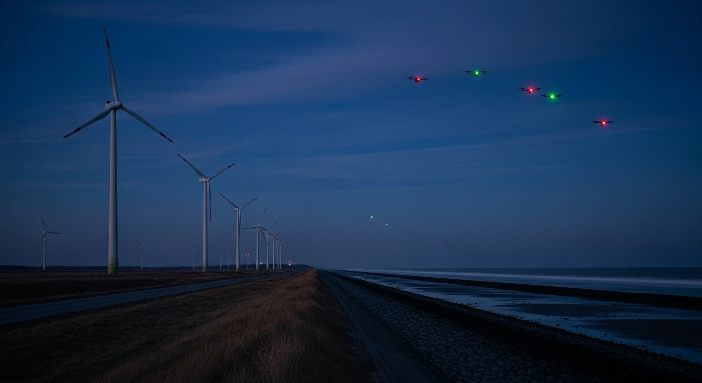 Multiple unidentified drones with small red and green lights are seen silently traversing a dark, windswept German coastline at night, with wind turbines silhouetted against a pre-dawn sky, representing the ongoing espionage investigation and the urgent need for enhanced drone defense capabilities in Germany.