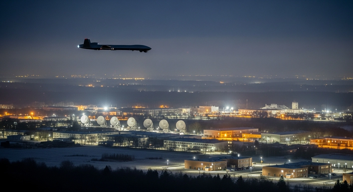 A wide, cinematic shot at night depicts a sleek, unidentified drone hovering silently over a sprawling military installation in northern Germany, representing the systematic surveillance of military bases and critical infrastructure that has prompted urgent calls for new legislation and enhanced defense capabilities.