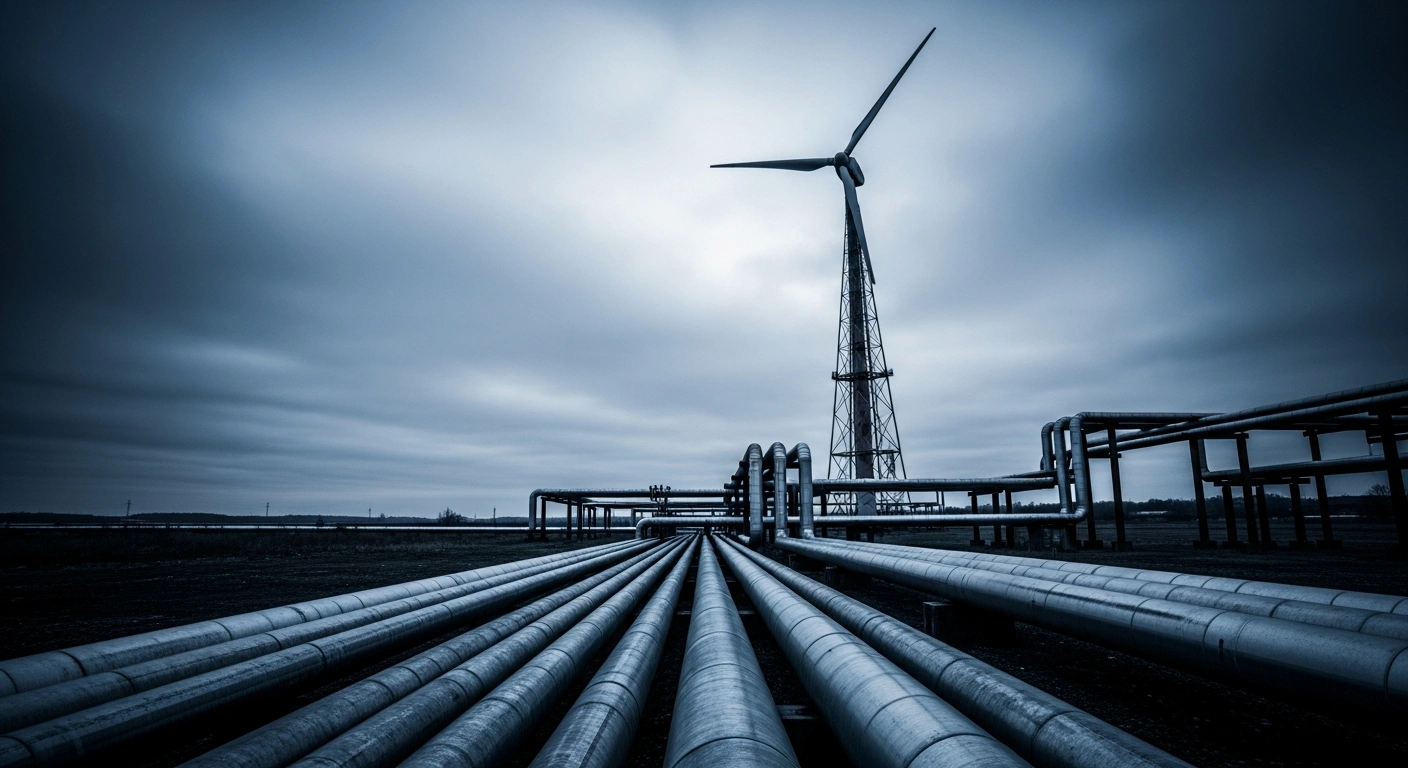 A desolate German industrial landscape with motionless wind turbines and tangled pipelines symbolizes the downward revision of economic growth projections due to energy market volatility.
