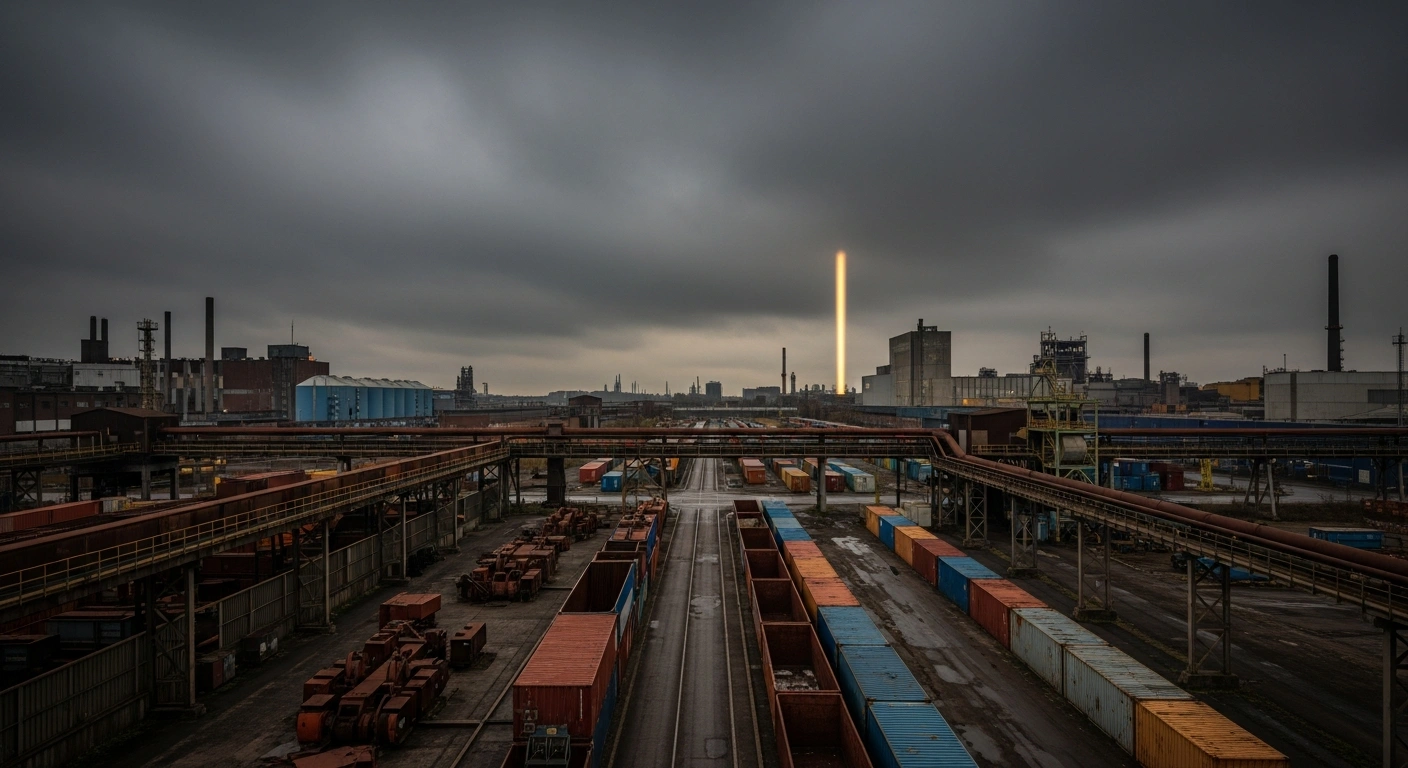 A wide, low-angle shot of a dimly lit German industrial complex featuring rusted machinery and empty shipping containers under an overcast sky, with a single beam of light illuminating a distant section, symbolizing the critical condition of the German economy and the government's focus on recovery and economic growth.