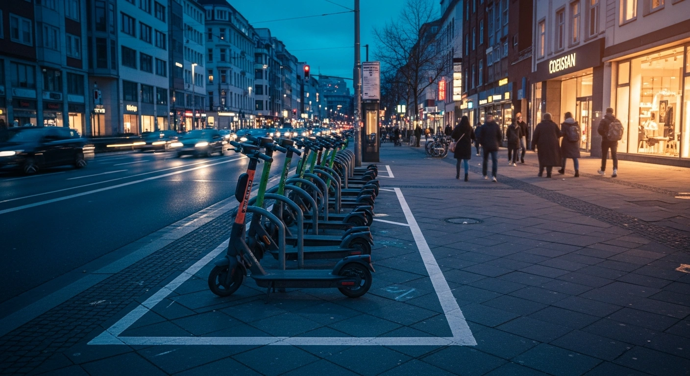 A row of electric scooters is neatly parked within a designated zone on a German city sidewalk to improve urban safety and reduce clutter.