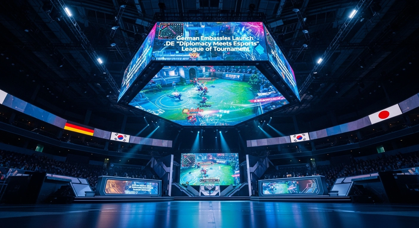 A futuristic esports arena stage featuring a large holographic League of Legends display, illuminated by neon lights in the national colors of Germany, South Korea, and Japan, symbolizing the '.DE (Diplomacy Meets Esports)' tournament fostering cultural diplomacy.