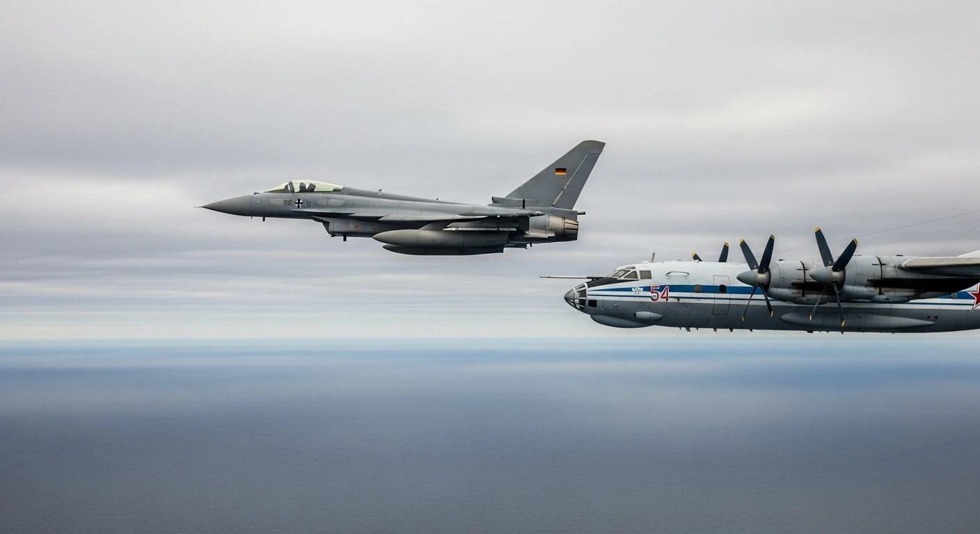 A German Eurofighter jet flies in close formation alongside a Russian Il-20M reconnaissance aircraft over the Baltic Sea during an interception.
