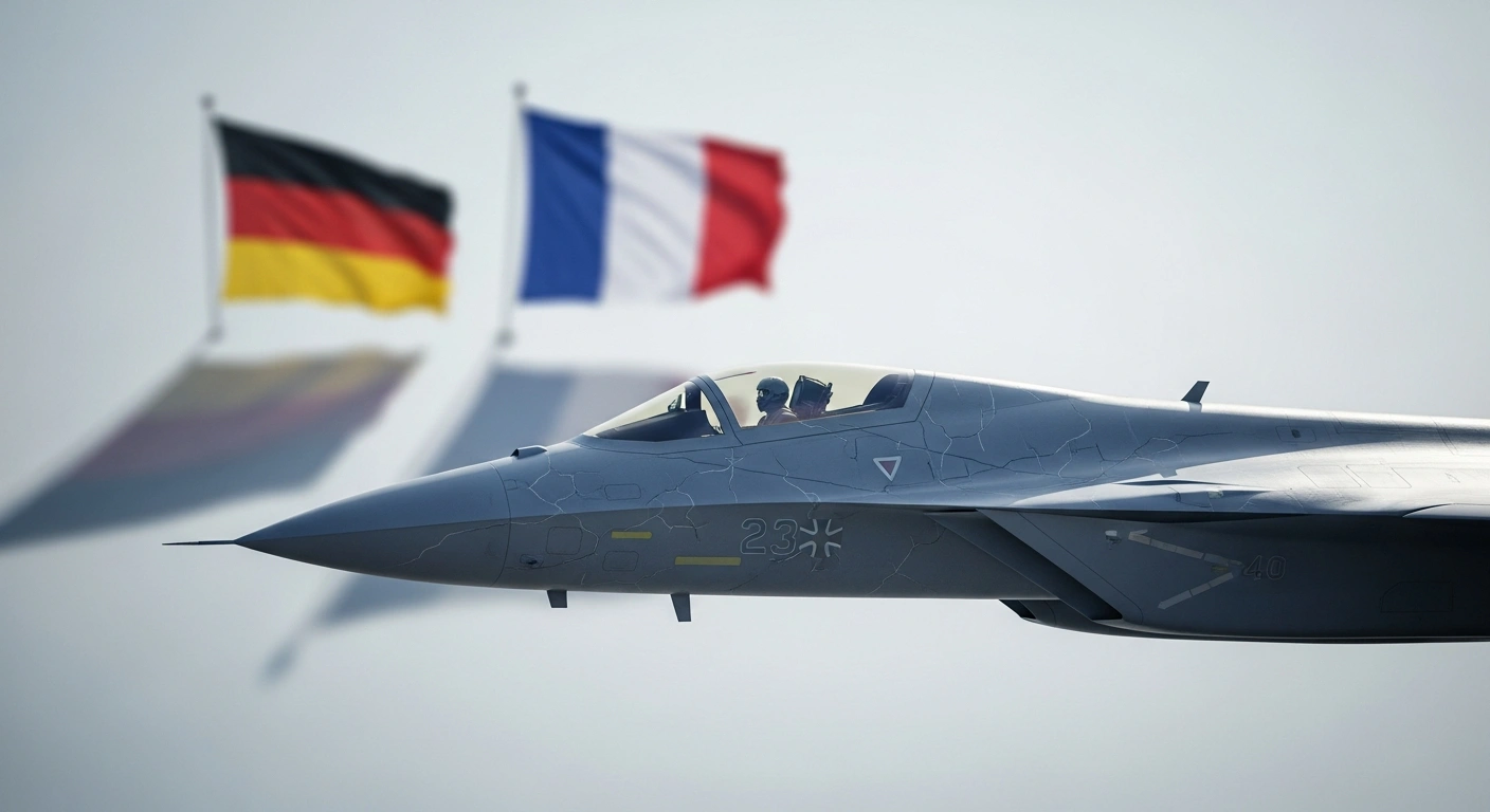 A sleek, futuristic FCAS fighter jet, representing the €100 billion Franco-German-Spanish defense project, shows subtle visual imperfections, symbolizing the technical dispute and uncertainty raised by German Chancellor Friedrich Merz over military requirements with France.