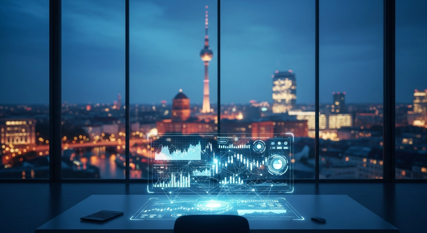 A modern office overlooking the Berlin skyline represents the resilience and innovation of the German fintech market.
